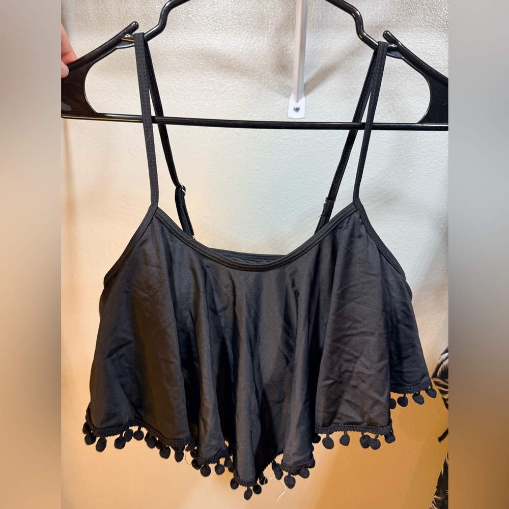 ⚡️Plus Size XXL Black Flounce Bikini Top Pom Pom Trim Adjustable Straps Swim